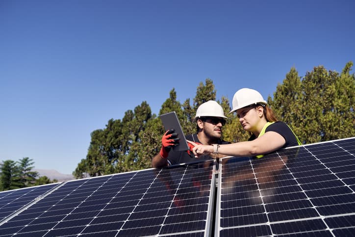 Engineers checking the efficiency of solar panels using a tablet.
