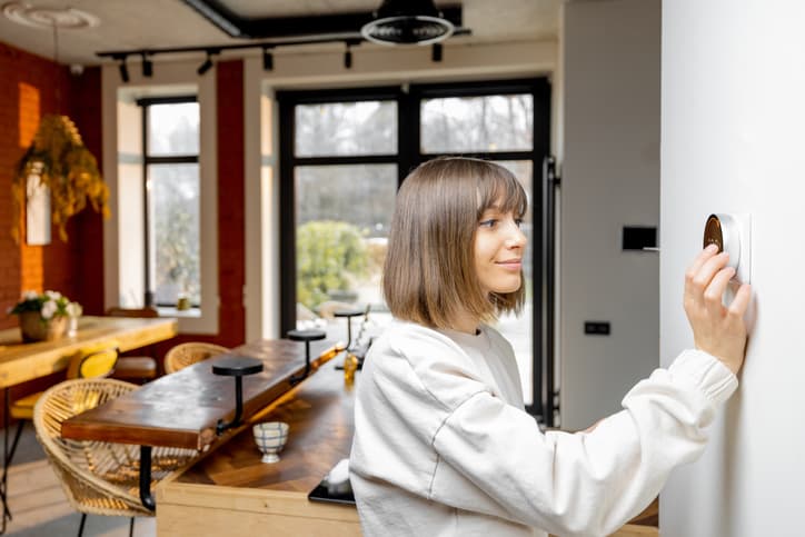 Woman controlling home temperature with programmable smart thermostat mounted on the wall in living room at home.