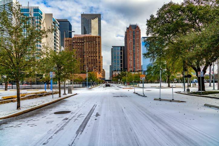 View of downtown Houston covered in snow